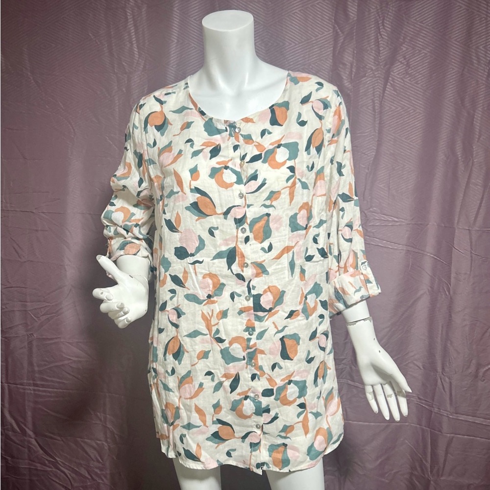 Rachel Zoe Floral Linen Tunic Blouse 1X Button Down Roll Tab Sleeve NWT
